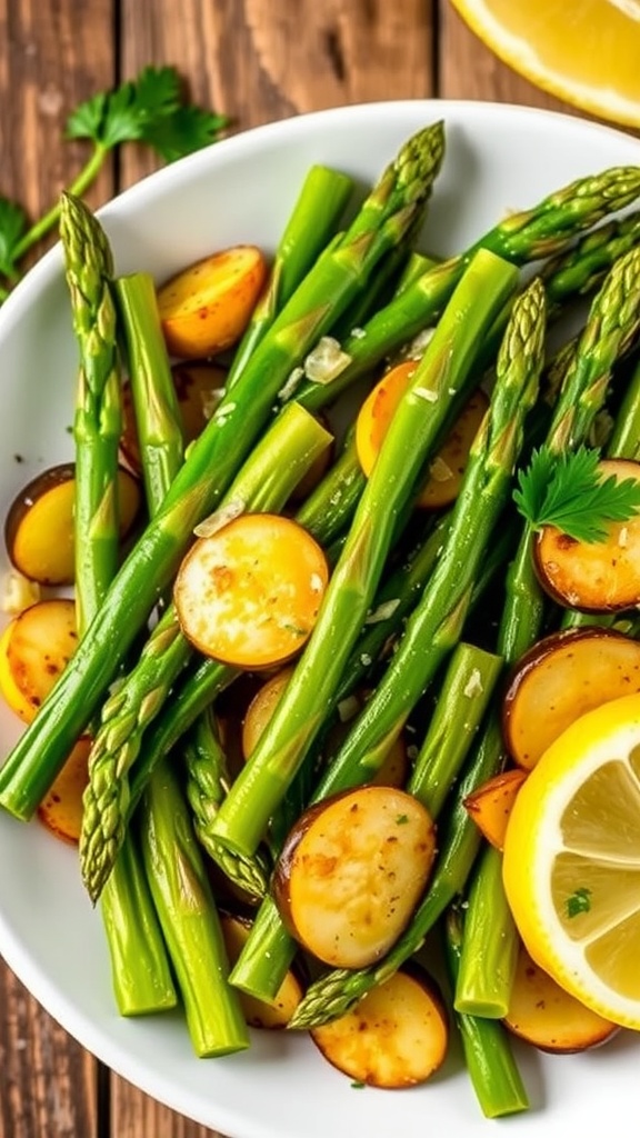 A colorful sautéed medley of asparagus and zucchini, garnished with parsley and lemon, on a rustic table.